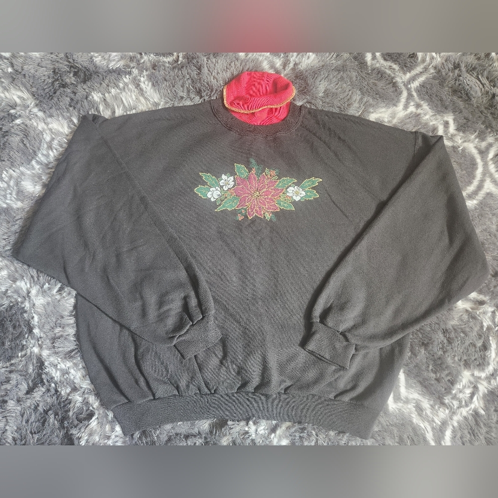 Jerzees Black Sweater‎ with Poinsetta Design and Cowl Neck XL